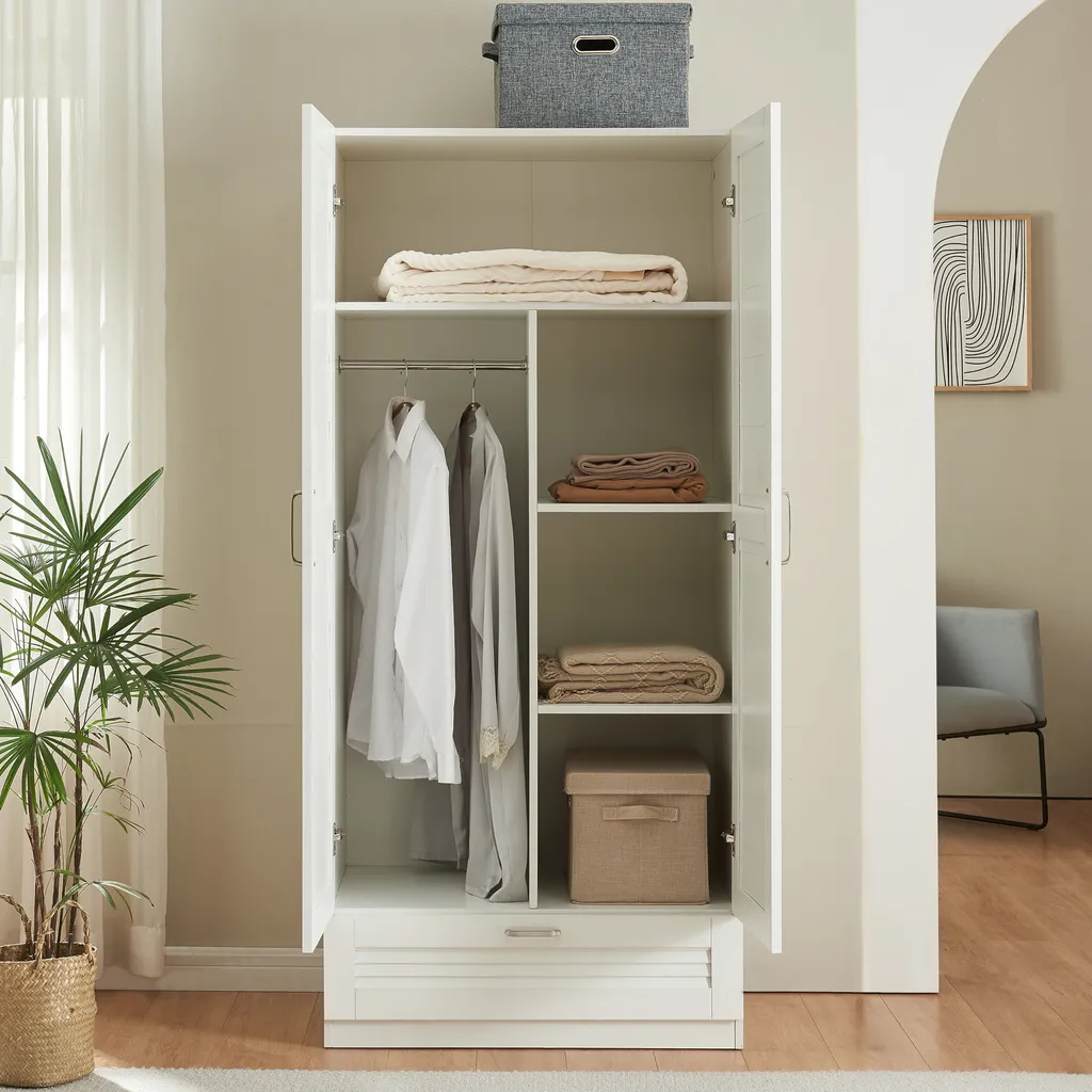 Armoire 2 portes Finning blanche avec penderie et tiroir de rangement