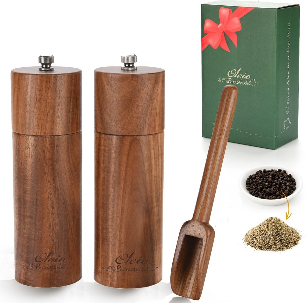 Oleio Buxtehude Kollektion Salz- und Pfeffermühle Modell Igel aus massivem Akazienholz inkl. Gewürzlöffel