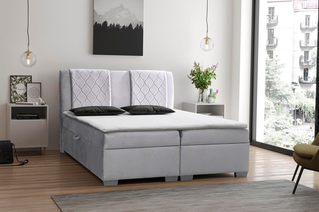 Boxpringbett Bett KOLUMBIA - Polsterbett mit Bettkasten 5 cm Topper, Federkernmatratze Bett (Stoff: bluvel 03 - hellgrau, Große: 180 cm)
