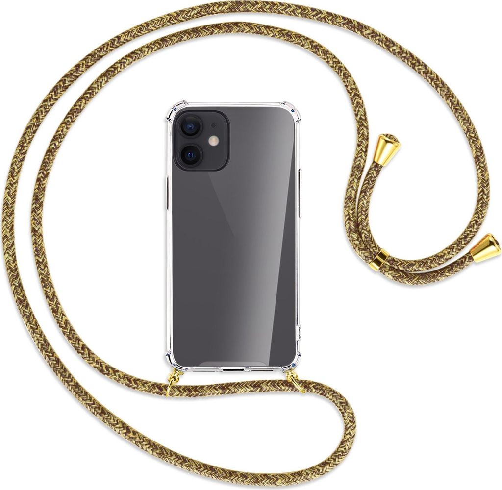Handykette Backcover-Schutzhülle mit Band (Metall goldfarben) für Apple iPhone 12 Mini - braun+beige