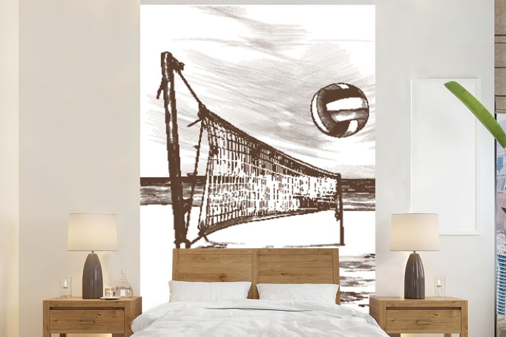 MuchoWow Fototapete für Wohnzimmer oder Schlafzimmer Wandtapete Vinyl Motivtapete Volleyball - Strand - Netz - 155x240 cm - Tapete