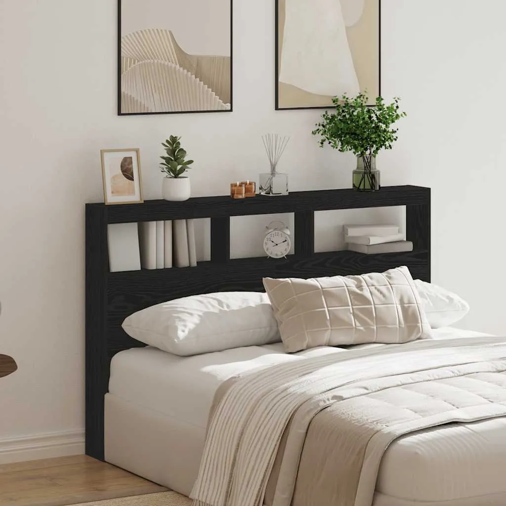 Tête de lit LED 160 cm Noir imitation Chêne avec rangements malins