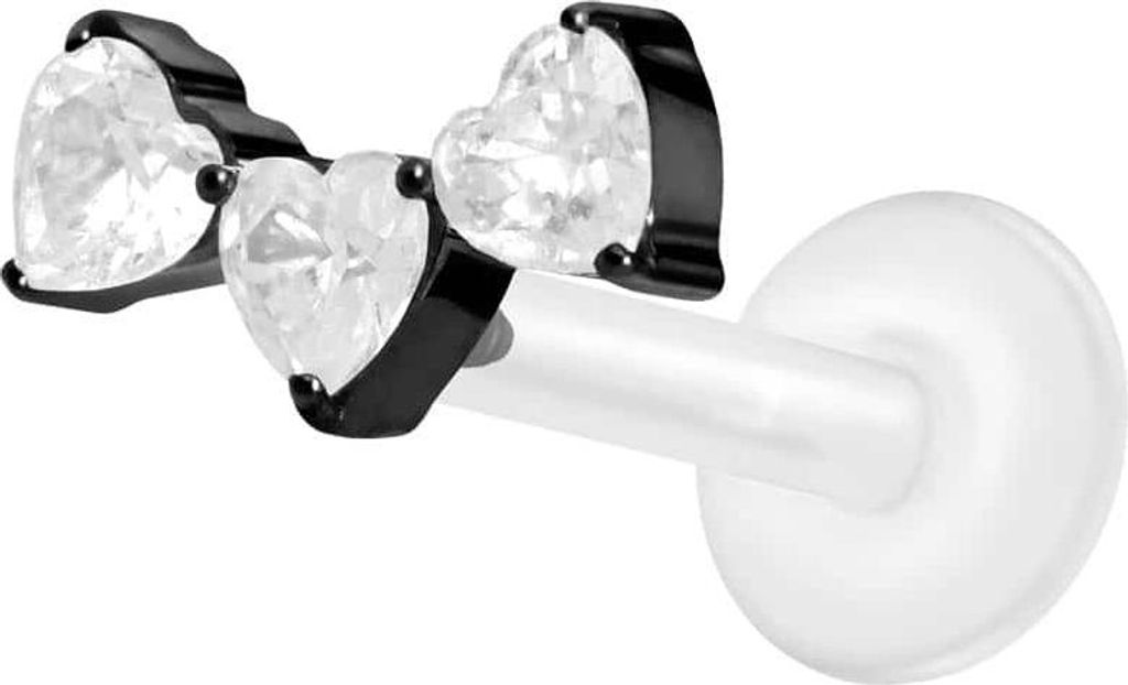 Ohrpiercing, Nasenpiercing PTFE Labret mit Innengewinde + Titan-Aufsatz 3 KRISTALLHERZEN Schwarz Stablänge: 8mm | Stabstärke: 1,2mm