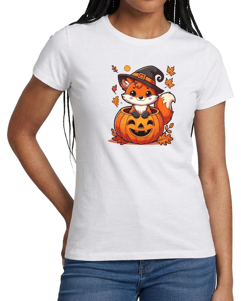 Spreadshirt Süßer Halloween Fuchs Im Kürbis Mit Hexenhut Frauen T-Shirt, L, Weiß