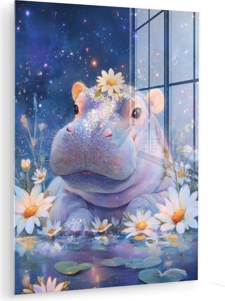 MuchoWow Glasbilder - Bilder auf Wandbild - Foto auf Glas Nilpferd - Gänseblümchen - Sternenhimmel 60x80 cm Wanddekoration aus Glas - Acrylglasbi...