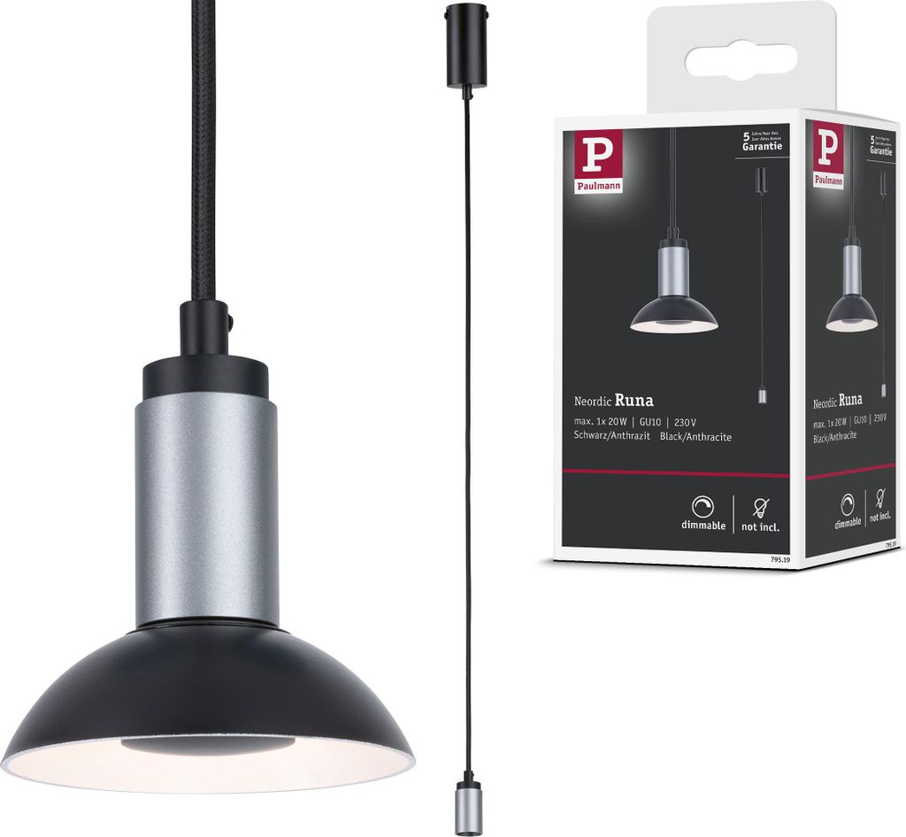 A product shot of a pendant light and its packaging.