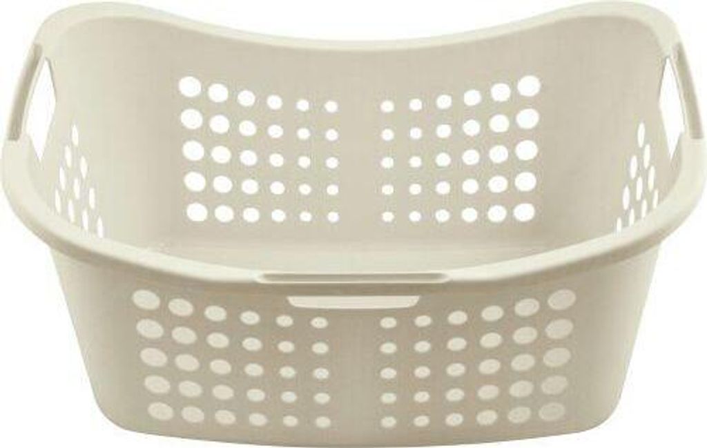 A cream-colored plastic laundry basket with a curved top and handles, shown from a slightly elevated front-side angle against a white background.