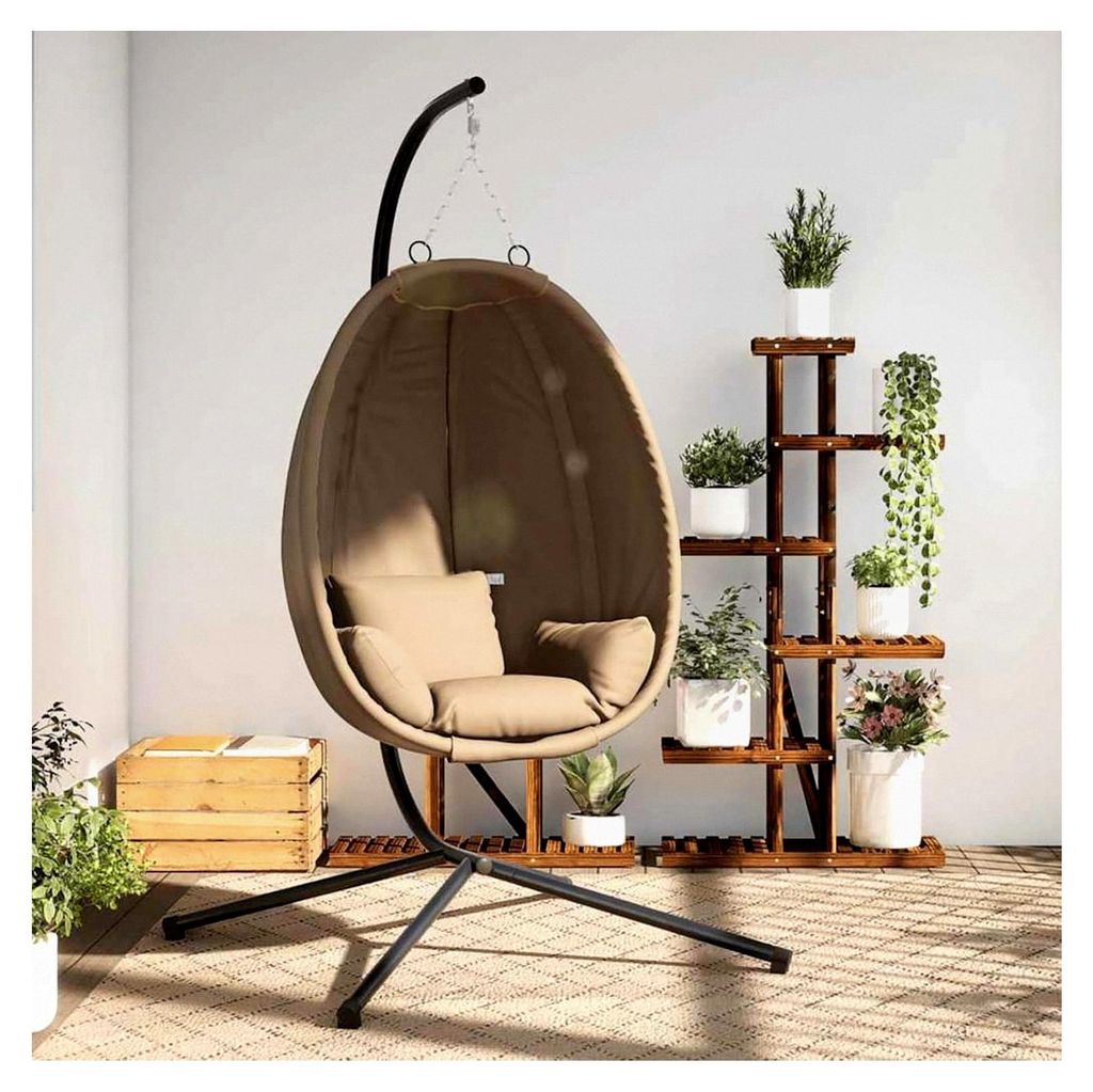Hängesessel im Ei-Design mit Ständer in Taupe aus Rattan und Stahl, Hängestuhl für Wohnzimmer, Balkon und Outdoor