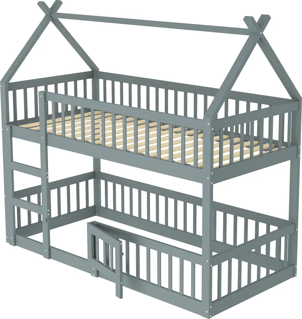 Lit superposé 90x200 cm okwish avec escalier et barrières - Gris
