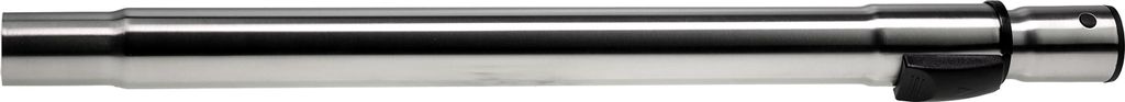 A close-up, studio shot of a silver and black telescopic tube, likely a vacuum cleaner part, against a white background.