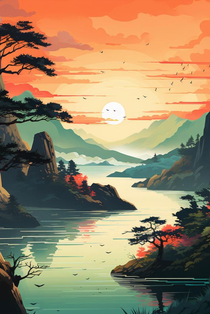 Plakat 30x45cm Sonnenuntergang über einem ruhigen See