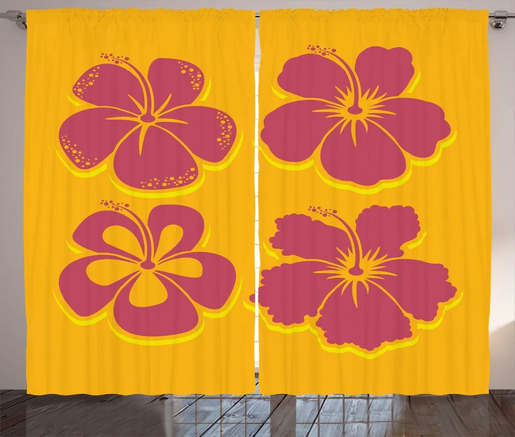 Rideau orange et jaune à fleurs d'hibiscus avec crochets fournis 280 x 225 cm