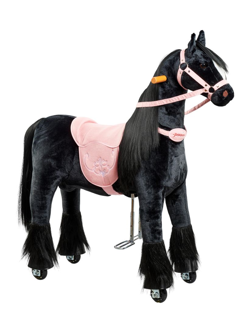 Mechanisches Pferd auf Rollen Ponnie Ebony M mit rosa Sattel