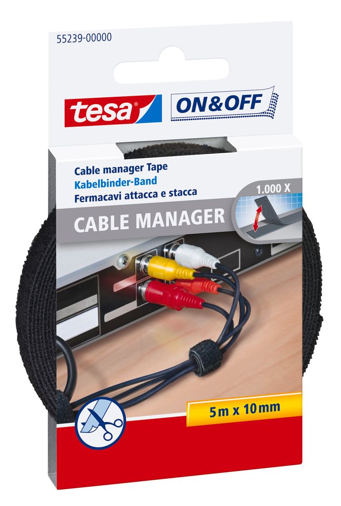 tesa On & Off Cable Manager UNIVERSAL - Klett-Kabelbinder zur Kabelaufbewahrung - zuschneidbar - 10 mm x 5 m