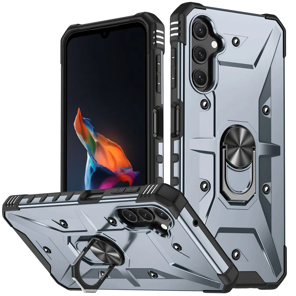 Custodia per Samsung Galaxy A14 5G, Custodia protettiva antiurto in PC TPU a doppio strato con supporto ad anello, supporto, Grigio