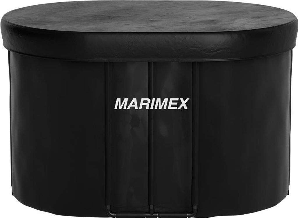 A black inflatable hot tub with a lid and the brand name MARIMEX printed on the side.