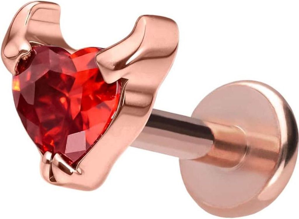 Ohrpiercing, Nasenpiercing Titan Labret mit Push Fit TEUFELSHERZ RoséGold Stablänge: 7mm | Stabstärke: 1,2mm