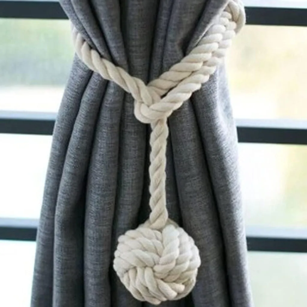 Lot de 2 embrasses à rideaux tricotées main en coton beige artisanal