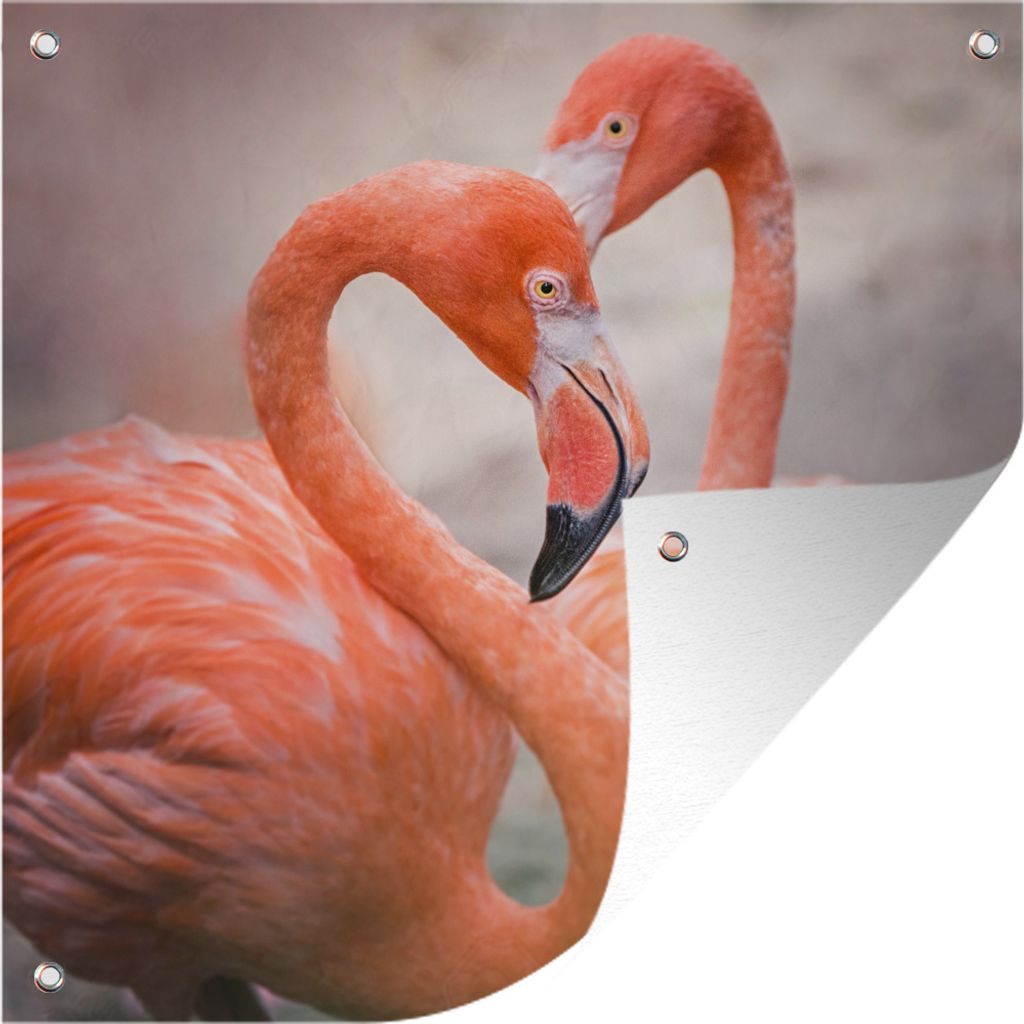 MuchoWow 100x100 cm Outdoor-Poster Gartendeko Sichtschutz Garten Poster für den Garten Zwei rote Flamingos bilden zusammen ein Herz