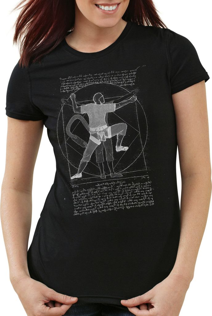 style3 Vitruvianischer Kletterer Damen T-Shirt bergsteigen bouldern da vinci, Farbe:Schwarz, Größe:S