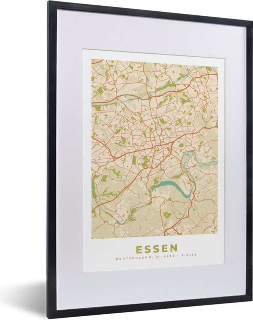MuchoWow Gerahmtes Poster Karte - Essen - Vintage - Stadtplan 30x40 cm - Poster mit Schwarzem Bilderrahmen Wandposter Rahmen Foto Bilder - Wandpo...
