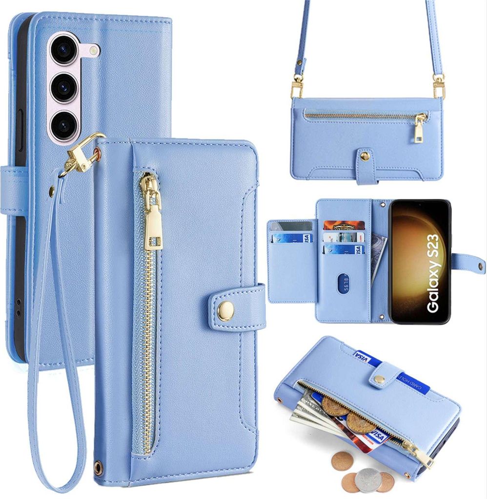 Handykette Samsung Hülle mit Band Handyhülle Kartenfächer Kunstleder Umhängetasche Galaxy S23 Hellblau
