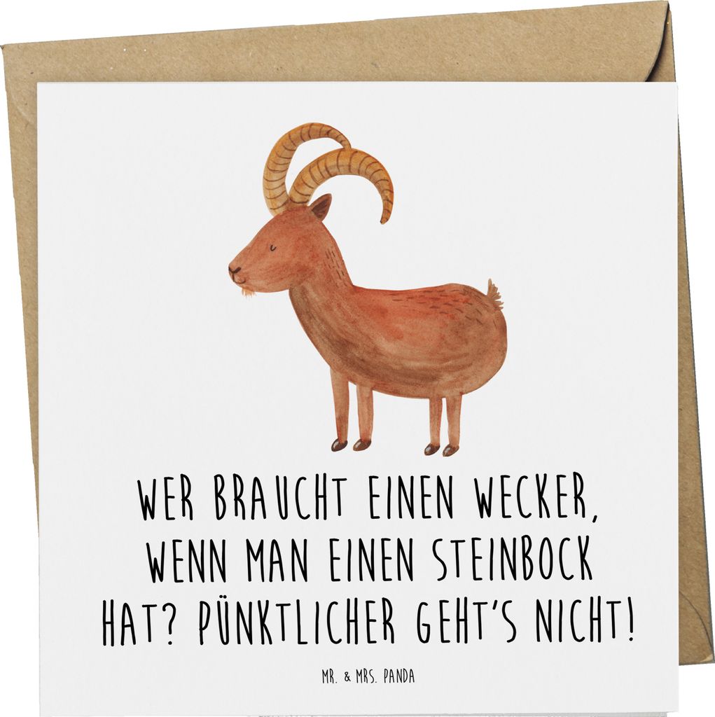 Mr. & Mrs. Panda Grußkarte Steinbock Wecker - Weiß - Geschenk, Horoskop, Sternzeichen, Klappkarte, Pünktlichkeit, Humor, Zodiac, Geschenke, Tier...