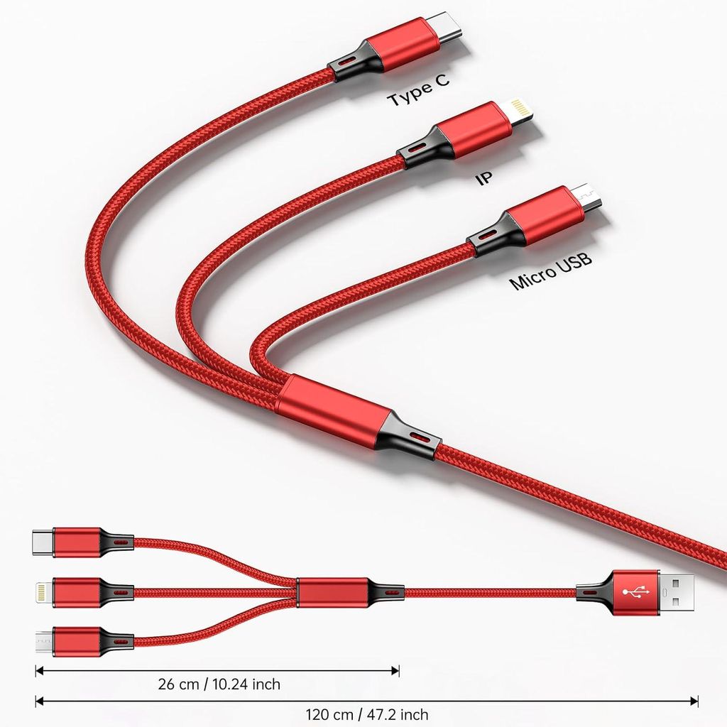 3in1 Ladekabel 1,2m USB auf USB-C Lightning Micro USB rot , E6601