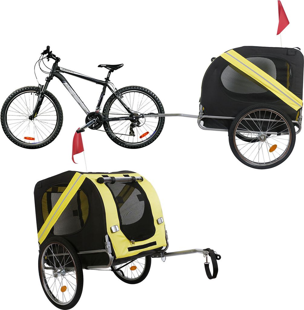 Wiltec Hunde Fahrradanhänger 220x700x78cm gelb-schwarz mit Sicherheitsdrehkupplung, Lastenanhänger Fahrrad mit Fliegengitter & Regenschutz