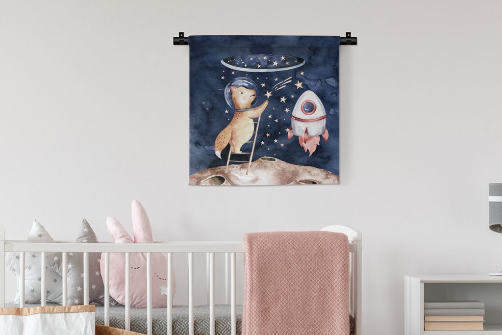 MuchoWow Wandteppich Wandbehang Rakete - Weltraum - Fuchs - Jungen - Mädchen - Kinder 60x60 cm Tapisserie Dekoration Wandtuch - Dekorationen - W...