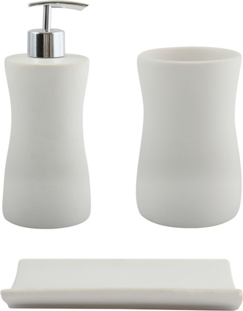 MSV Bad Accessoires Badezimmerzubehörset Palma 3-teilig - Seifenspender, Seifenschale, Zahnputzbecher Weiß