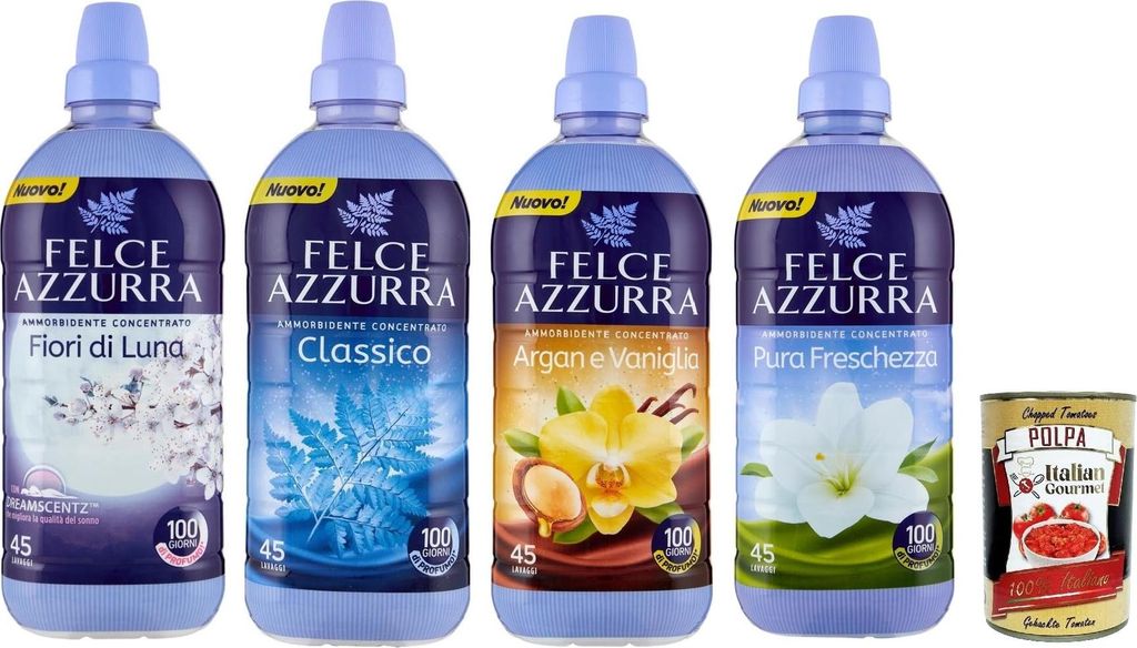 Felce Azzurra Ammorbidente Testpaket, Classico, ambra ed argan, Fiori Di Luna, pura freschezza, Weichspüler Konzentrat Duftende, 45 Washes, 3x 900...