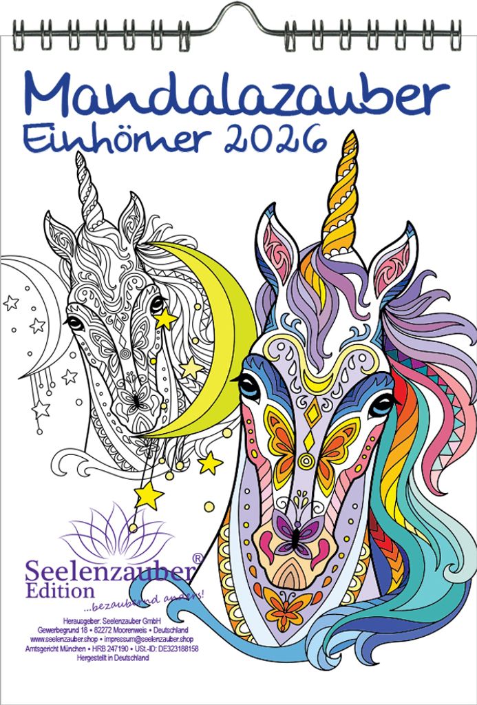 DIY Mandalazauber Einhörner Ausmalkalender DIN A5 Kalender für 2026 Mandala Zeichnen Malen - Seelenzauber