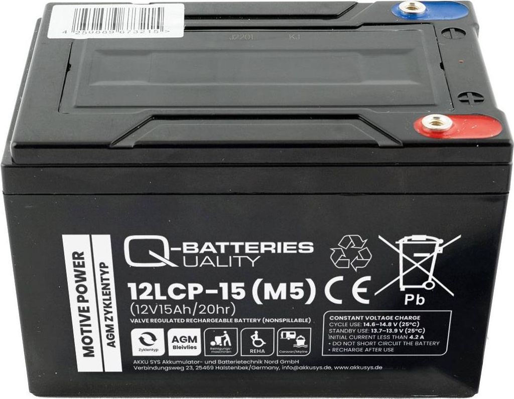 Q-Batteries 12LCP-15 / 12V - 15Ah Blei Akku Zyklentyp AGM - Deep Cycle VRLA Schraubanschluss M5