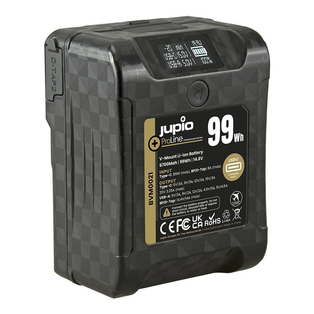 Baterie Jupio V-Mount *ProLine* Extreme 99 - 6700mAh (99Wh) - LCD Display, USB-C PD 65W Eingang/Ausgang, D-Tap Eingang/Ausgang und U