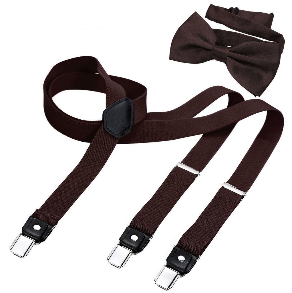 DonDon Herren Y-förmiger schmaler 2,5 cm Hosenträger elastisch und verstellbar im 2er Set mit farblich passender Fliege 12 x 6 cm - Braun