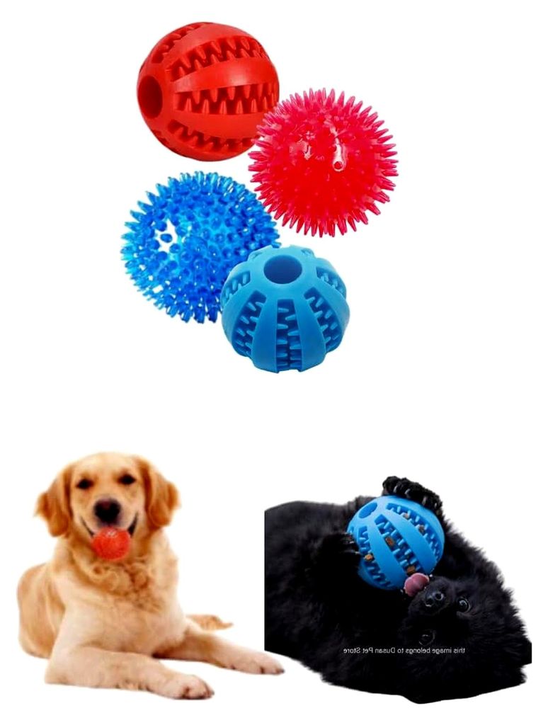 4er-Set Hundespielzeug mit Quetschbällen und Leckerlibällen für Hunde – Farben Blau und Rot, Ø 6,5 cm, Beschäftigungsspielzeug für kleine b...