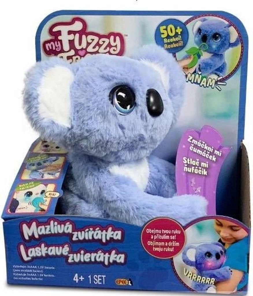 A plush koala toy in its retail packaging, with a child's hand holding a smaller version of the toy.