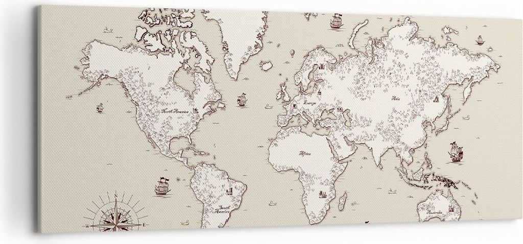 Bild auf Leinwand - Leinwandbild - Karte Welt Klassiker Kontinente - 120x50cm - Wand Bild - Wanddeko - Leinwanddruck - Bilder - Kunstdruck - Leinwa...