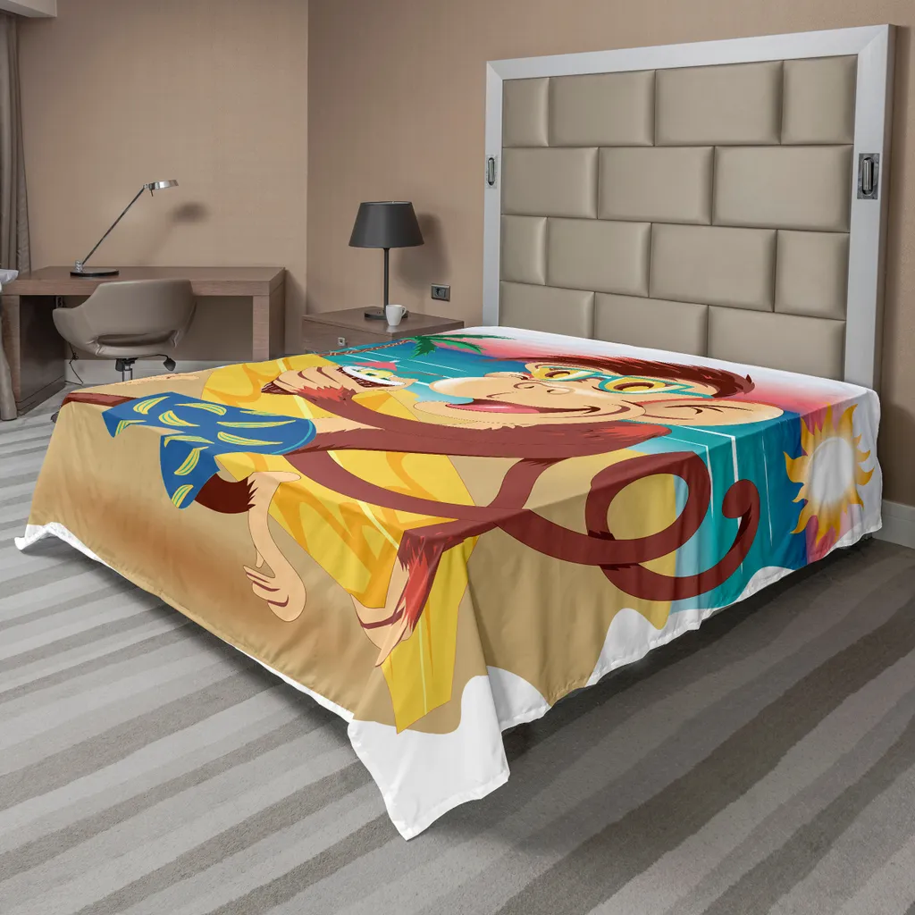 Drap plat doux au toucher, Motif Singe à la plage, 244x205 cm, Durable