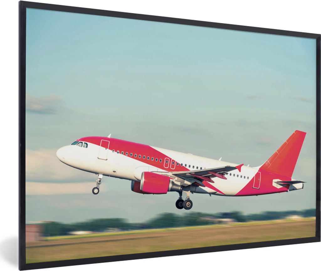 MuchoWow MuchoWow Gerahmtes Poster Rotes und weißes Flugzeug in Schiphol 60x40 cm - Poster mit zchwarzem Bilderrahmen - Printing - Wanddeko Sc...