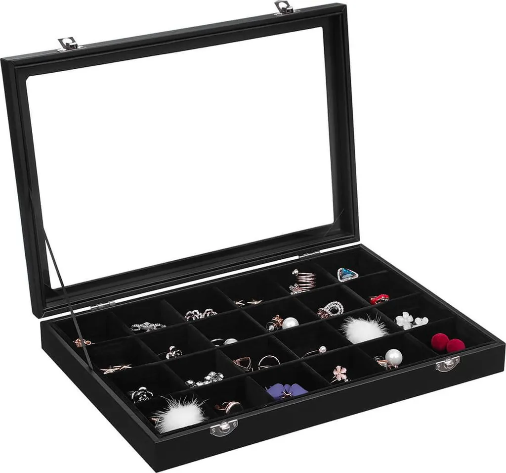 Coffret rangement bijoux 24 compartiments noir pour bagues et accessoires