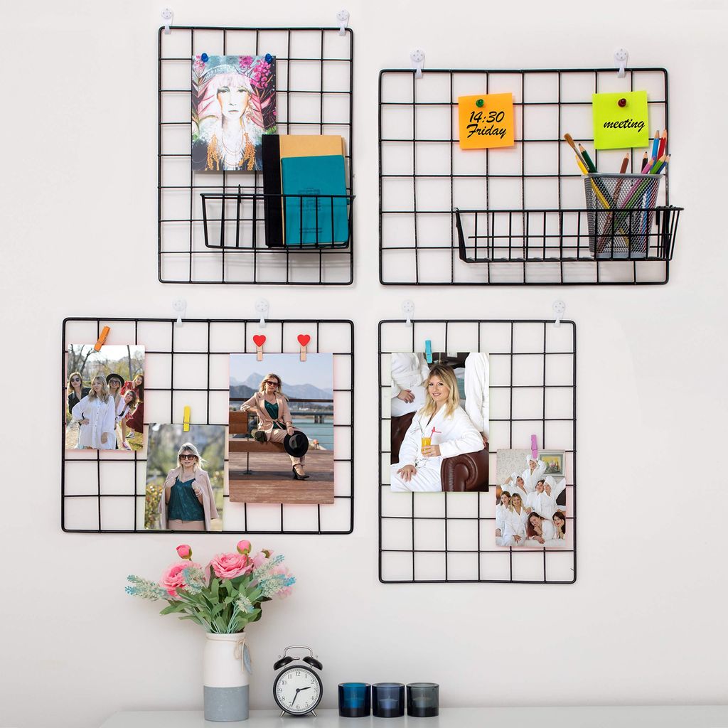 Set mit 4 schwarzen Wandgittern | Pinnwand mit Magnetstiften | Bürodekoration, Memoboard und Fotowand | Dekoratives Metallgitter zur Gestaltung vo...