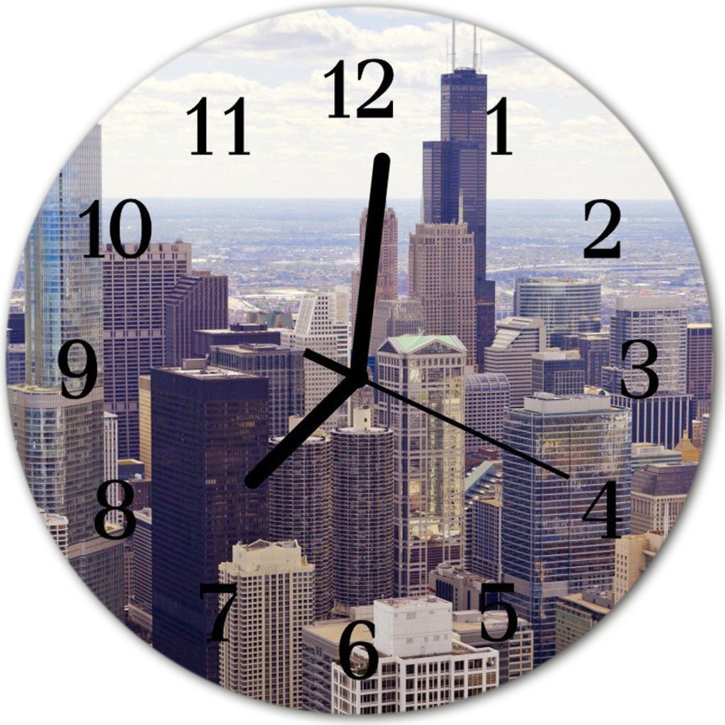 Glasuhr Wanduhr Küchenuhr Echt-Glas 30fi cm Skyline mehrfarbig
