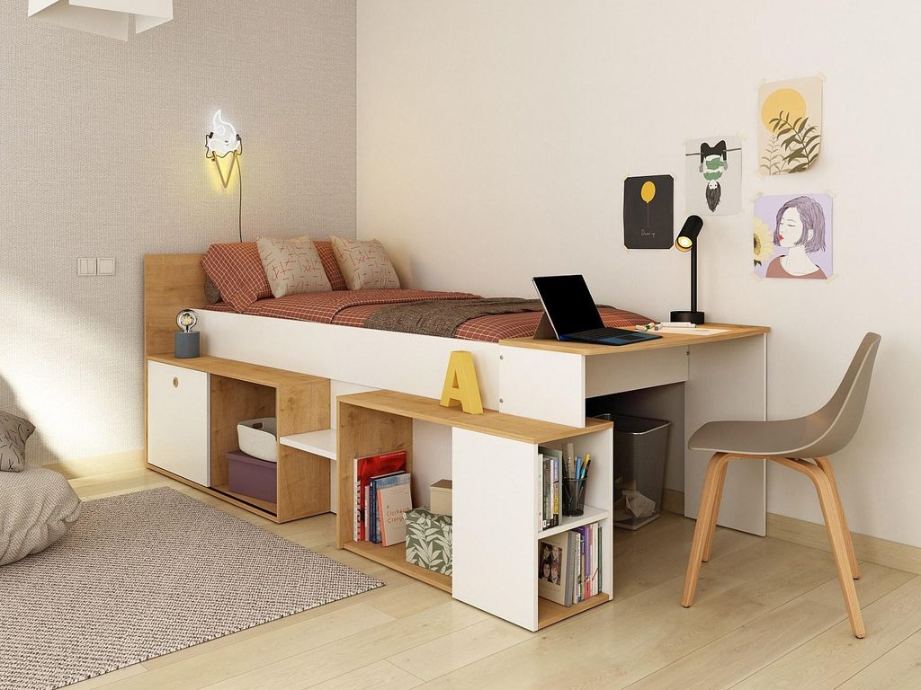 Kombibett 90 x 200 cm mit Schreibtisch & Stauraum + Lattenrost + Matratze - Weiß & Holzfarben - PALOMA