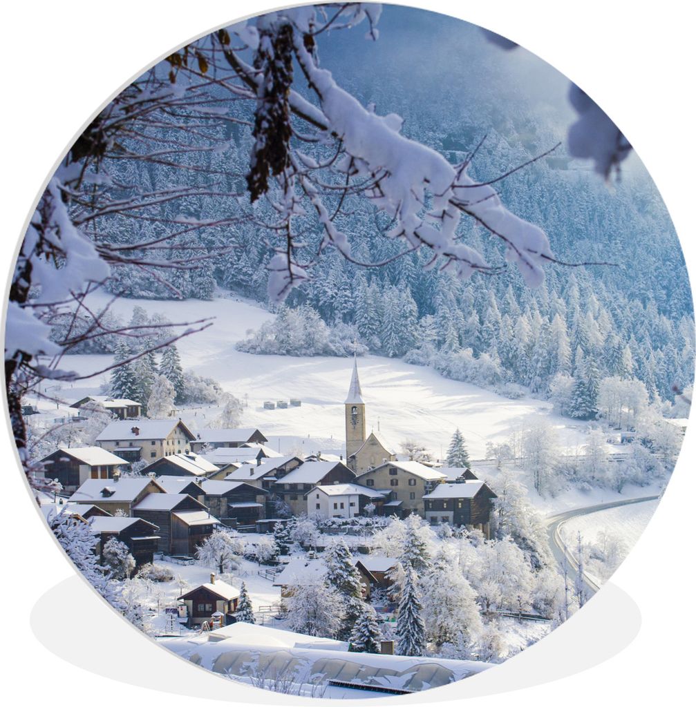 MuchoWow Rundes Wandbild - Runde Bilder Alpen - Schnee - Dorf Ø 90 cm Kreis Wanddekoration Kunststoff - Wandkreis - Wandschmuck - Wand-Kreis - W...