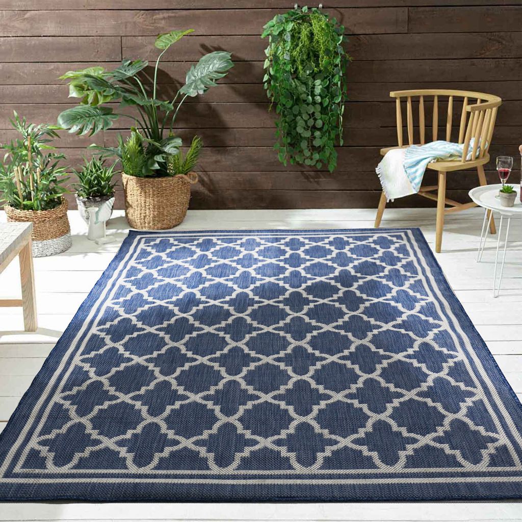 Teppich In- und Outdoor Flachgewebe Terrasse Balkon Wetterfest Wintergarten Robust Marokkanisch geprägtes Design, Farbe:Hellblau, Maße:80x150 cm