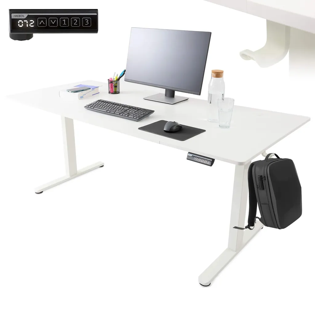 Bureau électrique 180x80 cm anti mal de dos avec réglage hauteur Blanc