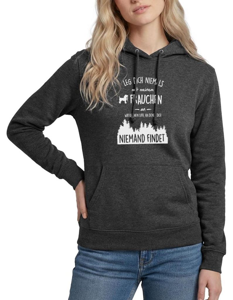 Spreadshirt Leg Dich Nie Mit Frauchen An Hund Witzig Spruch Damen Hoodie, L, Anthrazit