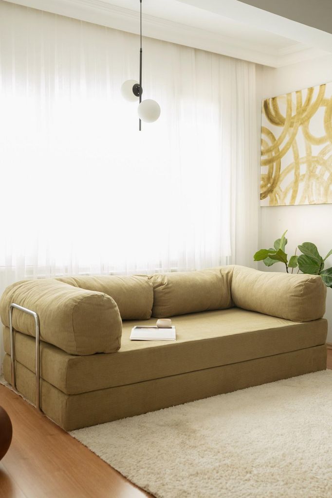 Hanah Home, Nook - Khaki, 3-Sitzer-Schlafsofa, Khaki, 100% SAMT, 200 x 100 x 70 cm